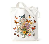Canvas Tote Bag, Butterflies and Flowers Pattern Plain Tote Bags, Durable and Foldable Travel Bag for Women, Shoulder Bags for Shopping, Vacation, Work, Gym