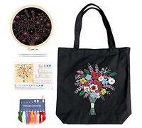 Canvas Tote Bag Embroidery Cross Stitch Kits with Flower Pattern Incl Plastic Circle Hoop, Colored Threads, Needles, Instructions DIY Crafts Kits for Birthday, Black (A)