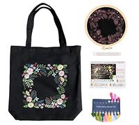 Canvas Tote Bag Embroidery Cross Stitch Kits with Flower Pattern Incl Plastic Circle Hoop, Colored Threads, Needles, Instructions DIY Crafts Kits for Birthday Anniversary, Black (B)