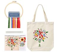 Canvas Tote Bag Embroidery Kits, with Floral Pattern, Embroidery Starter Kit for Beginners, with Bamboo Embroidery Hoop, Tote Bag, Color Threads, Instructions, DIY Cross Stitch Kits for Adults (White)