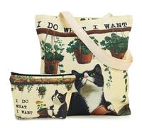 Canvas Tote Bag for Women, Aesthetic Cat Gift Bag with Makeup Pouch Bag, Cute Fabric Tote Bag with Graden Cat Pattern for Women Ladies Girls Working Shopping