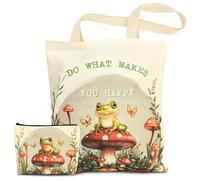 Canvas Tote Bag for Women, Cute Mushroom and Frog Tote Bag with Makeup Pouch Bag, Aesthetic Bags Gift for Women Ladies Girls Working Shopping