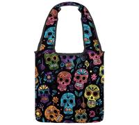 Canvas Tote Bag for Women, Day of the Dead Skulls Doodle Pattern Reusable Shoulder Tote Bag for Grocery Shopping Work