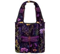 Canvas Tote Bag for Women, Purple Dragonfly Floral Herbs Reusable Shoulder Tote Bag for Grocery Shopping Work