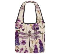 Canvas Tote Bag for Women, Purple Dragonfly Wildflowers Floral Herbs Pattern Reusable Shoulder Tote Bag for Grocery Shopping Work
