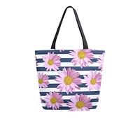 Canvas Tote Bag for womens, Daisy Flower Stripe Casual Large Shoulder Bag Handbag Grocery Bags Shopping Bags