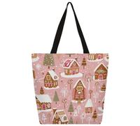 Canvas Tote Bag Pink Christmas Gingerbread House Shopping Bag School Canvas Shoulder Bags Women Men Fashion Handbag