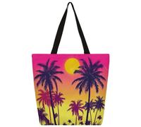 Canvas Tote Bag Pink Yellow Gradient Sunset Palm Tree Shopping Bag School Canvas Shoulder Bags Women Men Fashion Handbag