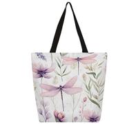 Canvas Tote Bag Purple Flower Dragonfly Shopping Bag School Canvas Shoulder Bags Women Men Fashion Handbag