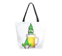 Canvas Tote Bag Saint Patrick Day Gnomes Woman Beach Bag Beer Lucky Clover Leaves Shoulder Bag Large Reusable Handbag Lightweight for Shopping Grocery Travel