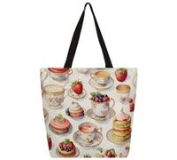 Canvas Tote Bag Strawberry Afternoon Tea Cake Shopping Bag School Canvas Shoulder Bags Women Men Fashion Handbag