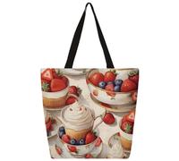 Canvas Tote Bag Strawberry Fruit Cake Dessert Print Shopping Bag School Canvas Shoulder Bags Women Men Fashion Handbag