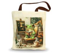 Canvas Tote Bag,Tote Bags for Women, Aesthetic Cat Gift Bag with Sturdy Shoulder Straps, Cute Fabric Tote Bag with Frog Reading Pattern for Women Ladies Girls Working Shopping