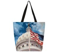 Canvas Tote Bag Watercolor White House American Flag Shopping Bag School Canvas Shoulder Bags Women Men Fashion Handbag