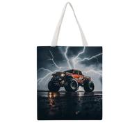 Canvas Tote Bag with Handles Reusable Monster Truck Black Sky Lightning Roar Grocery Shopping Bag Carry on Tote Purse Casual Handbag Everyday Shoulder Bags for Office Market Beach Daily Essentials