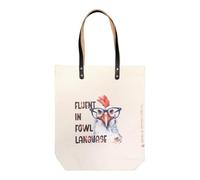 Canvas Tote Bag with Leather Handles, FLUENT IN FOWL LANGUAGE, Funny Chicken, Hen, Rooster Graphic. Quirky Gift Birthday, Anniversary, Christmas, Secret Santa. Ideal for Travel, Work, Shopping, School