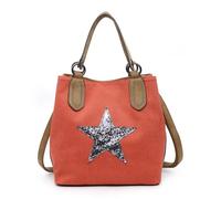 Canvas Tote Bag with Sequin Star, Women's Shoulder Crossbody Handbag, PU Leather Trim, 24x24x16cm