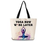 Canvas Tote Bag Yoga Now Wine Later Ladies Shopping Shoulder Bag Reusable Shoulder Bags Print Ladies Purse, For Work, Swim, Birthday, 50x40cm