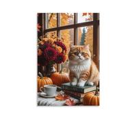 Canvas Wall Art 12"x18"-A Cat, Pumpkins, Books, Coffee, Autumn Leaves, Flowers in A Vase on A Windowsill -Home Decor Paintings for Home, Bedroom, or Studio（Unframed ）