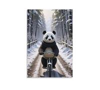 Canvas Wall Art 12"x18"-A Panda Riding A Bicycle on A Snowy Path, Wearing A Black Scarf -Home Decor Paintings for Home, Bedroom（Unframed ）