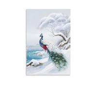 Canvas Wall Art 12"x18"-A Peacock in A Snowy Landscape with Snow-covered Trees And A Frozen Body of Water -Home Decor Paintings for Home, Bedroom（Unframed ）