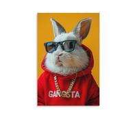 Canvas Wall Art 12"x18"-A Rabbit Wearing A Red Hoodie with GANGSTA Written on It, Black Sunglasses-Home Decor Paintings for Home, Bedroom, or Studio（Unframed ）