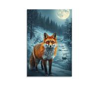 Canvas Wall Art 12"x18"-A Red Fox Standing in A Snowy Landscape with A River And A Full Moon in The Background -Home Decor Paintings for Home, Bedroom, or Studio（Unframed ）