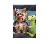 Canvas Wall Art 12"x18"-A Small Dog Sitting Next to A Green Dinosaur Plush Toy -Home Decor Paintings for Home, Bedroom（Unframed ）