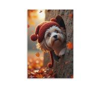 Canvas Wall Art 12"x18"-A Small Dog Wearing A Red Knitted Hat Peeking Out of A Hole, Surrounded by Autumn Leaves -Home Decor Paintings for Home, Bedroom（Unframed ）