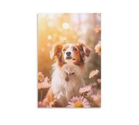 Canvas Wall Art 12"x18"-A Small Dog with Brown And White Fur Sitting Among Pink Flowers, Looking Up -Home Decor Paintings for Home, Bedroom（Unframed ）