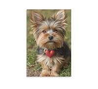 Canvas Wall Art 12"x18"-A Small Dog with Long Fur, Wearing A Collar with A Red Heart Pendant, Sitting on Green Grass -Home Decor Paintings for Home, Bedroom（Unframed ）