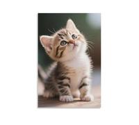 Canvas Wall Art 12"x18"-A Small Kitten with Striped Fur, Looking Up, Standing on A Surface -Home Decor Paintings for Home, Bedroom（Unframed ）