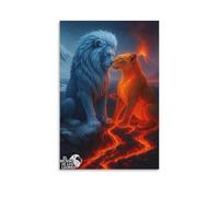 Canvas Wall Art 12"x18"-Two Lions, One Blue And One Orange, Facing Each Other with Lava between Them -Home Decor Paintings for Home, Bedroom（Unframed ）
