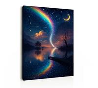 Canvas Wall Art 12x16 Inch Framed Night Sky Painting with Rainbow Moon and Stars Modern Wall Decoration for Living Room Bedroom Hallway and Stairs Artwork Wall Pictures with Hooks and Magic Tape