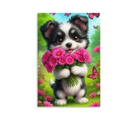 Canvas Wall Art 16"x24"-A Black And White Puppy Holding A Bouquet of Pink Flowers, with Pink Butterflies Flying Around -Home Decor Paintings for Home, Bedroom（Unframed ）