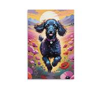 Canvas Wall Art 16"x24"-A Black Curly Dog Running in A Field of Pink And Red Poppies, with A Purple Collar And A Pendant -Home Decor Paintings for Home, Bedroom（Unframed ）
