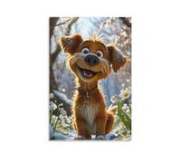 Canvas Wall Art 16"x24"-A Brown Fluffy Dog with A Collar, Standing in A Snowy Area with White Flowers -Home Decor Paintings for Home, Bedroom（Unframed ）
