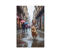 Canvas Wall Art 16"x24"-A Child Holding An Orange Cat Splashing in A Puddle on A Rainy Street -Home Decor Paintings for Home, Bedroom, or Studio（Unframed ）