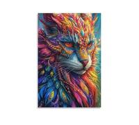 Canvas Wall Art 16"x24"-A Colorful, Feather-adorned Cat with Vibrant Orange Eyes And Intricate Patterns -Home Decor Paintings for Home, Bedroom（Unframed ）
