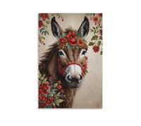 Canvas Wall Art 16"x24"-A Donkey with Red Flowers on Its Head And Around Its Muzzle, Surrounded by Red Flowers And Green Leaves -Home Decor Paintings for Home, Bedroom（Unframed ）