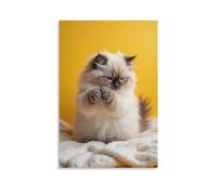 Canvas Wall Art 16"x24"-A Fluffy Cat with Blue Eyes, Sitting on A Blanket, Paws Clasped Together, Looking Grumpy -Home Decor Paintings for Home, Bedroom（Unframed ）