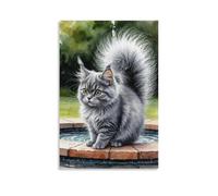Canvas Wall Art 16"x24"-A Fluffy Gray Cat Standing by A Small Pool, with Water Splashing from Its Tail -Home Decor Paintings for Home, Bedroom（Unframed ）