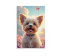 Canvas Wall Art 16"x24"-A Fluffy Puppy with A Rainbow Collar, Sitting Among Pink Flowers, with Butterflies Flying Nearby -Home Decor Paintings for Home, Bedroom（Unframed ）