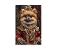 Canvas Wall Art 16"x24"-A Pomeranian Dog Wearing A Royal Crown And Elaborate Red And Gold Historical Costume -Home Decor Paintings for Home, Bedroom, or Studio（Unframed ）