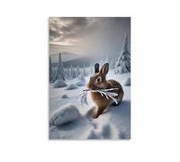 Canvas Wall Art 16"x24"-A Rabbit with Twigs in Its Mouth in A Snowy Forest -Home Decor Paintings for Home, Bedroom, or Studio（Unframed ）