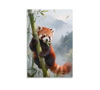Canvas Wall Art 16"x24"-A Red Panda Clinging to A Bamboo Stalk, Holding It with Its Paws And Eating Bamboo Leaves -Home Decor Paintings for Home, Bedroom, or Studio（Unframed ）