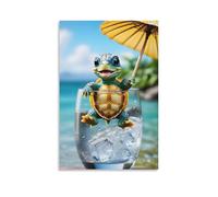 Canvas Wall Art 16"x24"-A Tiny Turtle Sitting in A Glass with Ice, Holding A Small Umbrella -Home Decor Paintings for Home, Bedroom（Unframed ）