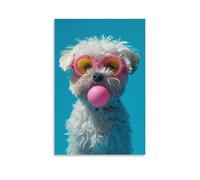 Canvas Wall Art 16"x24"-A White Fluffy Dog Wearing Pink Round Glasses with Yellow Lenses, Blowing A Pink Bubble Gum Bubble -Home Decor Paintings for Home, Bedroom（Unframed ）