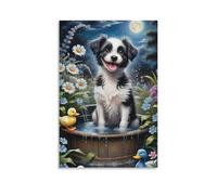 Canvas Wall Art 20"x30"-A Black And White Dog in A Wooden Tub with Water, Surrounded by Daisies, And Two Rubber Ducks -Home Decor Paintings for Home, Bedroom（Unframed ）