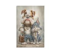 Canvas Wall Art 20"x30"-A Bulldog Named Oscar Wearing Overalls And A Bag, Standing Next to A Fluffy Cat with A Collar -Home Decor Paintings for Home, Bedroom（Unframed ）